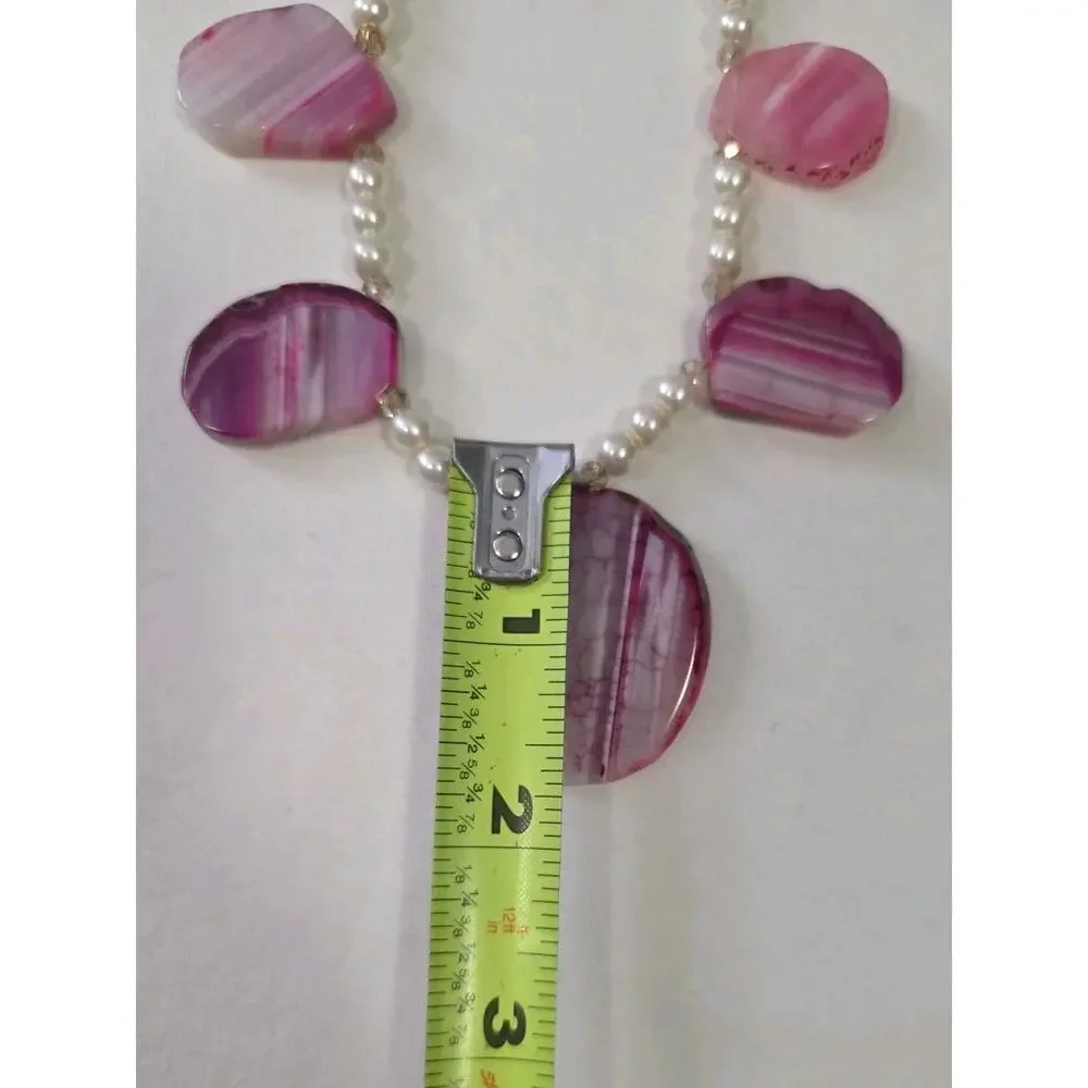 Statement Necklace With Pink Dyed Agate Slice Pendants On White Faux Pearls